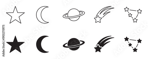 Minimalist black astronomy icon set featuring a star, moon, planet, meteor, and constellation, shown in two variations as simple outlines and filled silhouettes