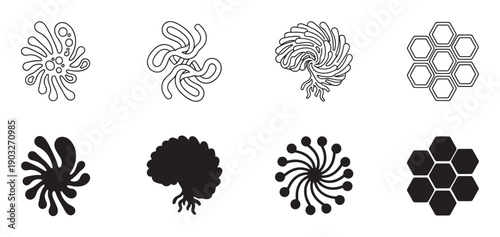 Set of eight black and white abstract icons representing biological and scientific concepts like cells, brains, bacteria, and honeycomb structures in line art and silhouette styles
