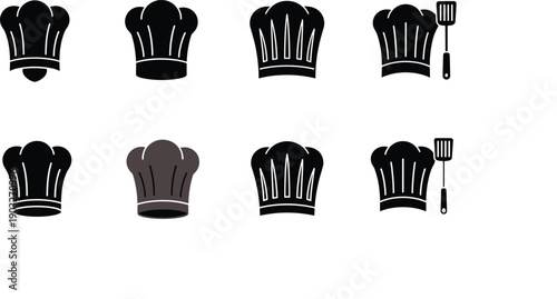 Chef hat silhouette icon set with cooking spatula, professional kitchen vector symbols for restaurant logos, culinary branding, food service design, and hospitality graphics