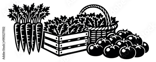 Graphic harvest set featuring carrots, leafy greens in a crate and basket, and tomatoes for a fresh food market