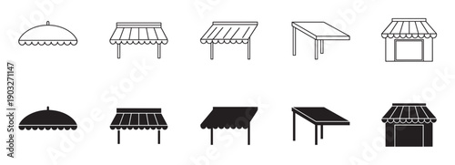 Set of black market stall icons showing various canopy and awning designs in both outline and solid silhouette styles for graphic design elements