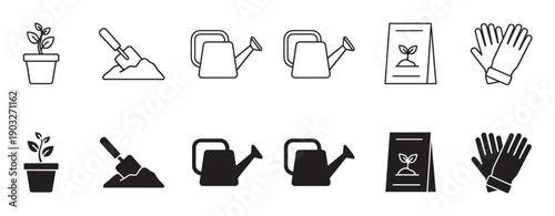 Gardening tools icon set with line and glyph styles showing a potted plant, trowel, watering can, seed packet, and gloves for horticultural or agricultural concepts