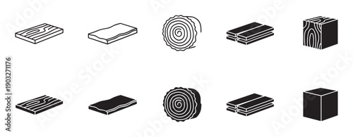 Black and white wood material icon set showing lumber, planks, log cuts, and timber blocks in simple minimalist outline and solid glyph vector styles