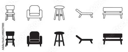 Collection of black furniture icons showing different seating options like chairs, armchairs, stools, loungers, and benches in both outline and solid silhouette styles