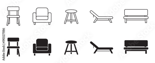 Furniture icons set showing various seating options like chairs, armchairs, stools, lounges, and benches in both outline and solid silhouette styles for graphic design