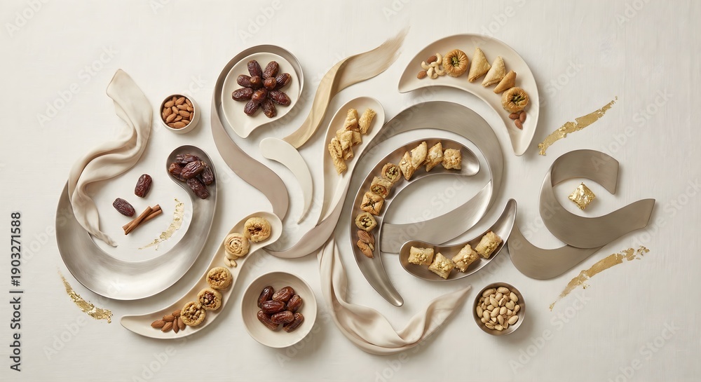 Naklejka premium Fluid Ribbon-Like Arabic Calligraphy with Dates and Sweets on Off-White Surface