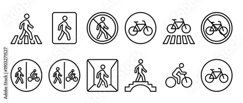 Set of black outline icons showing pedestrian and bicycle traffic signs and symbols, including crosswalks, bike lanes, shared paths, and prohibition pictograms in a clean, minimalist style