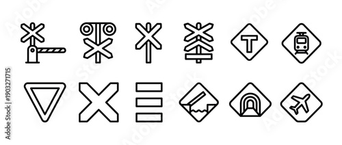 Collection of black line art icons representing various transportation and traffic signs, including railroad crossings, train, airplane, and tunnel symbols for web and graphic design