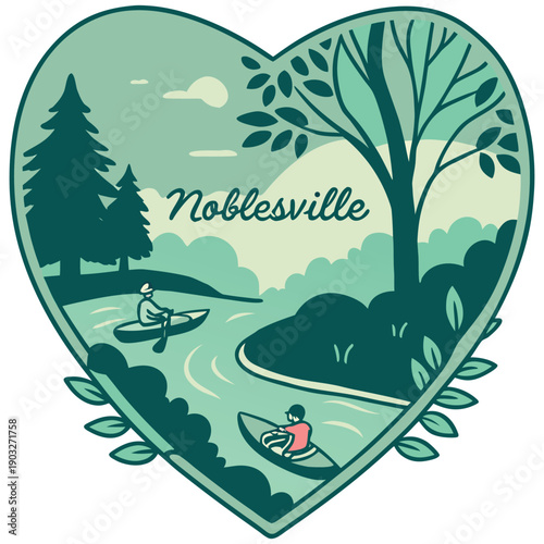 Kayaking on the River in Noblesville Indiana Heart Shaped Nature Illustration