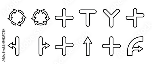 Set of black line art navigation icons showing various directional arrows, road junctions, and circular refresh symbols in a clean, minimalist style for user interface design