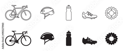 Collection of black cycling equipment icons featuring a road bike, helmet, water bottle, shoe, and sprocket shown in minimalist line art and solid silhouette styles