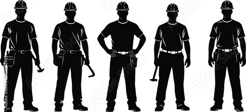 Construction worker silhouettes set showing builders with tools, safety helmets, labor professions, industrial workforce roles, and engineering jobs isolated on white background