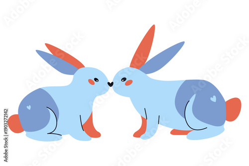 Cute two rabbits touching noses. A pair of little bunnies. Vector illustration isolated on a white background.