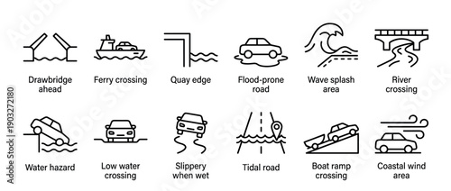 Set of twelve road safety icons showing water hazards like flood-prone roads, ferry crossings, and slippery conditions for drivers, presented in a clean, minimalist line art style