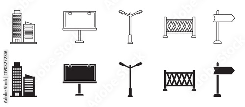Set of city street icons showing buildings, billboards, and lampposts in both outline and solid silhouette styles for graphic design and web interface elements