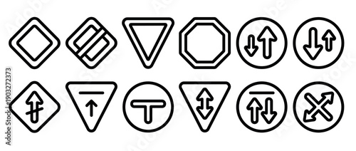 Collection of black outline traffic sign icons for road safety and regulation, featuring various symbols like arrows and priority signs in a minimalist, linear graphic style