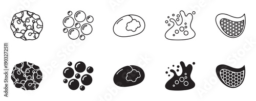 Set of black science icons showing cellular structures, bubbles, and membranes in both outline and solid glyph styles for biology or chemistry concepts