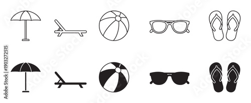 Collection of black summer beach icons featuring an umbrella, deck chair, ball, sunglasses, and flip-flops shown in both line art and solid silhouette graphic styles for vacation themes