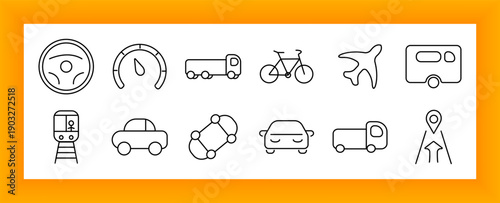 Transport set icon. Steering wheel, truck, train, car, bicycle, airplane, location, map, van, speed, navigation, travel, road, direction, motion, vehicle