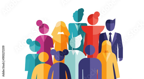 Diverse group of people standing together in a community, illustration of unity and diversity