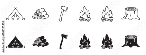 Camping and outdoor adventure icon set featuring a tent, logs, axe, campfire, and tree stump in both outline and solid glyph styles for graphic design elements