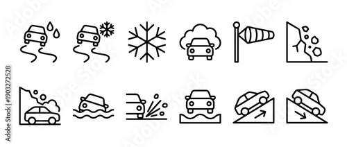 Set of twelve minimalist outline icons depicting various road hazards and dangerous weather conditions for drivers, including skidding, rockfalls, high water, and steep inclines