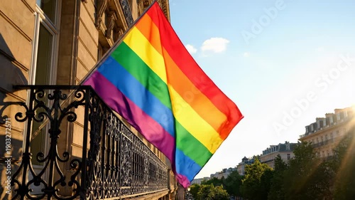 A rainbow LGBTQ pride flag waving from a balcony in Paris. The colorful symbol of gay rights fluttering in the wind on a sunny city street. Community and equality concept