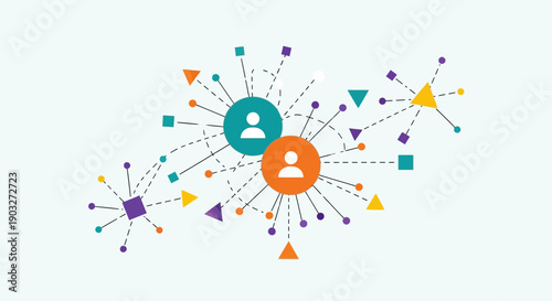 Network Illustration Featuring Central Icons with Lines Radiating Outward to Various Shapes and Symbols