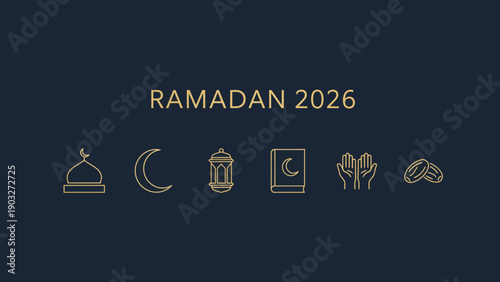 Ramadan 2026 celebration illustration featuring crescent moon and lantern icons on dark background viewed from directly above