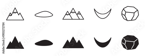 Set of black minimalist nature icons featuring mountains, rocks, and crescent shapes in both outline and solid silhouette styles for graphic design elements