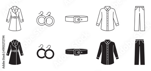 Set of black clothing and accessory icons showing a trench coat, earrings, belt, shirt, and pants in two styles, line art and solid glyph for graphic design elements