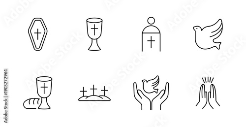 Christian faith set icon. Cross coffin, chalice, dove, prayer hands, pastor, bread, grave, communion, religious ceremony, spiritual icons