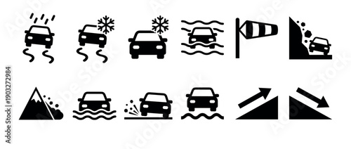 Collection of black road hazard icons representing dangerous driving conditions like slippery roads, snow, flood, landslide, and steep inclines for traffic safety warnings