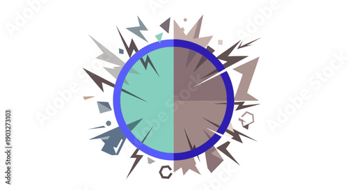 Abstract graphic illustration of a circle surrounded by geometric shapes and fragments in a dynamic composition