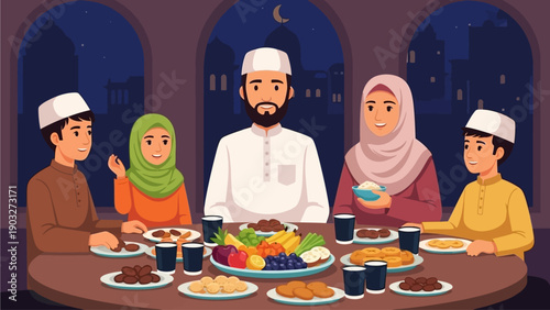 Family Gathering Around a Table with Food and Drinks at Night