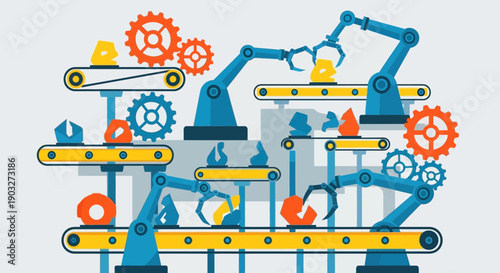 Industrial machinery illustration showcasing robotic arms and mechanical components in a factory setting from a front viewpoint