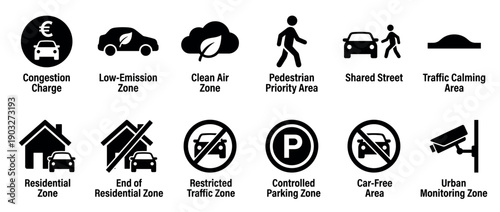 Collection of black traffic management icons representing urban regulations like congestion charge, low emission zones, and pedestrian areas for city planning infographics