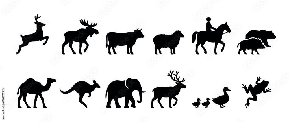 Fototapeta premium Collection of black animal silhouettes featuring a deer, moose, cow, sheep, horse rider, bear, boar, camel, kangaroo, elephant, duck, and frog in a graphic icon set