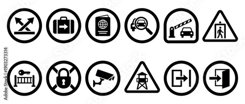Collection of black security and travel icons representing border control concepts like passport check, customs, surveillance, and access points in a simple pictogram style