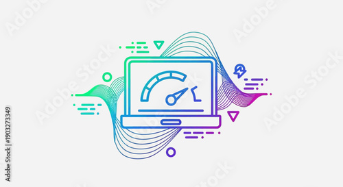 Digital laptop performance test icon with vibrant gradient lines representing fast data processing