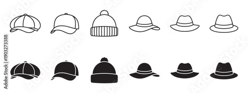 Set of various hat icons including cap, beanie, fedora, and sun hat in two styles, a simple black line art outline and a solid glyph silhouette for graphic design