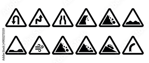 Set of twelve black triangular road warning signs illustrating different traffic hazards including U-turns, landslides, steep descents, and sharp curves in a clean icon style