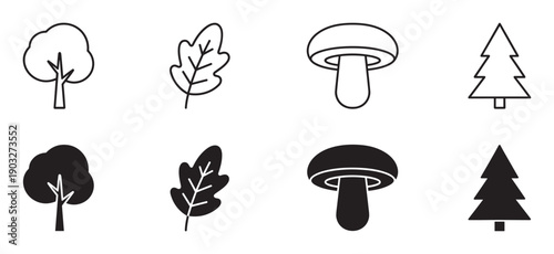 Set of black forest and nature icons featuring a tree, oak leaf, mushroom, and pine in both simple outline and solid silhouette styles for graphic design elements