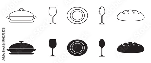 Set of black dining service icons with a tureen, wine glass, plate, spoon, and bread, presented in both minimalist outline and solid silhouette vector styles