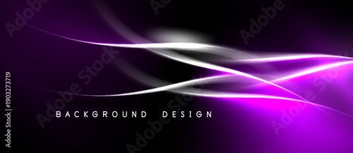 Abstract purple waves over black background. Bright lines create dynamic, modern visual effect. Simple text labels design elements below.