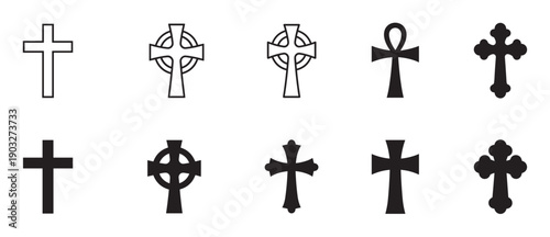 Collection of black religious cross icons showing various designs including Latin, Celtic, and Ankh symbols in both outline and solid silhouette styles for graphic design elements