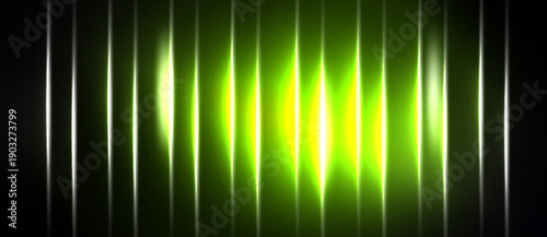 Bright green light streaks radiate from center. Vertical lines frame dark background. Abstract visual effect, glowing intensity.