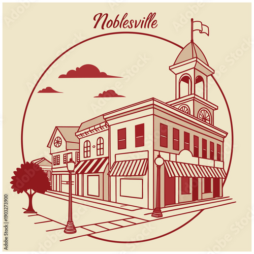 Noblesville Indiana Historic Main Street and Clock Tower Scene Illustration