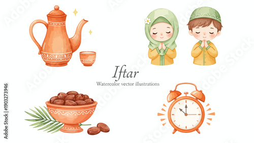 Children waiting for iftar meal with dates and tea during Ramadan, illustration of traditional fasting breaking time