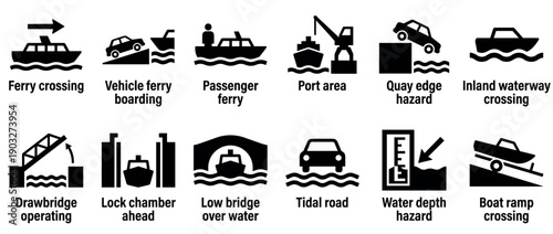 Collection of black water transport icons showing ferry crossings, port areas, drawbridges, and various waterway hazards in a clear, minimalist graphic style for informational signs